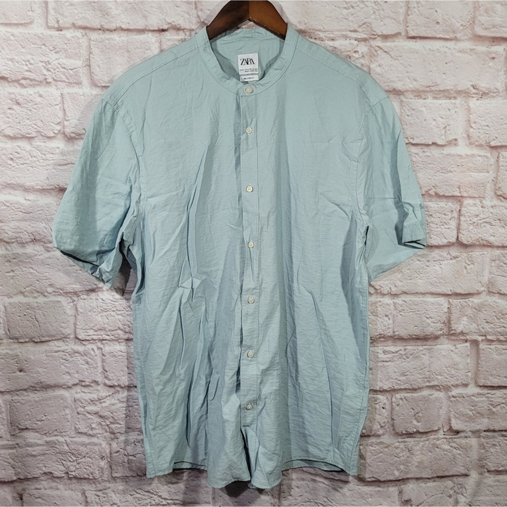 Zara Ocean Blue Relaxed Fit High Neck Button Up Shirt